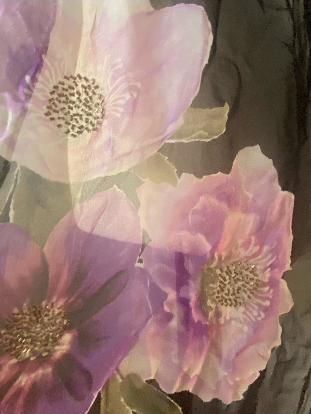 Y2K 100% Silk Purple & Black Floral Chiffon Beaded Scarf - Picture 5 of 10